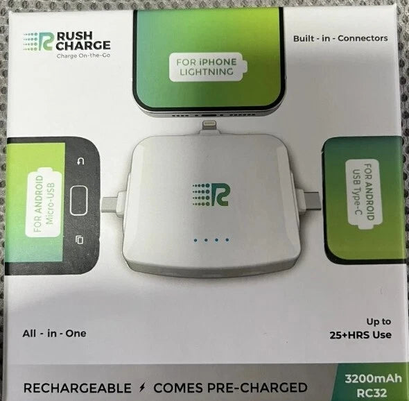 Rush Charge Portable Charger for iPhone & Android Devices 3200mAh USB C + Micro