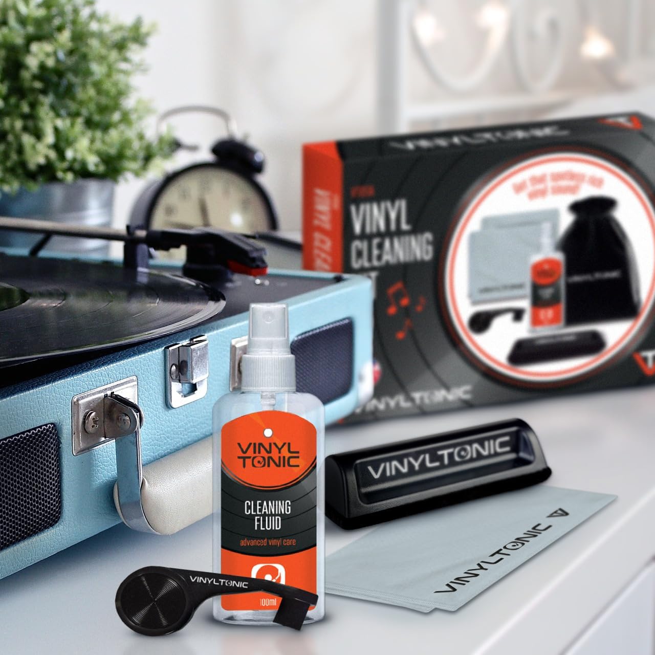Vinyl Tonic Vinyl Record Cleaning Kit – Includes Cleaning Fluid, Velvet Brush, Microfiber Cloth, Stylus Brush & Storage Bag