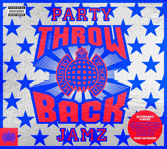 Album cover for 'Party Throw Back Jamz' by Ministry of Sound with red and blue text on a star-patterned background.