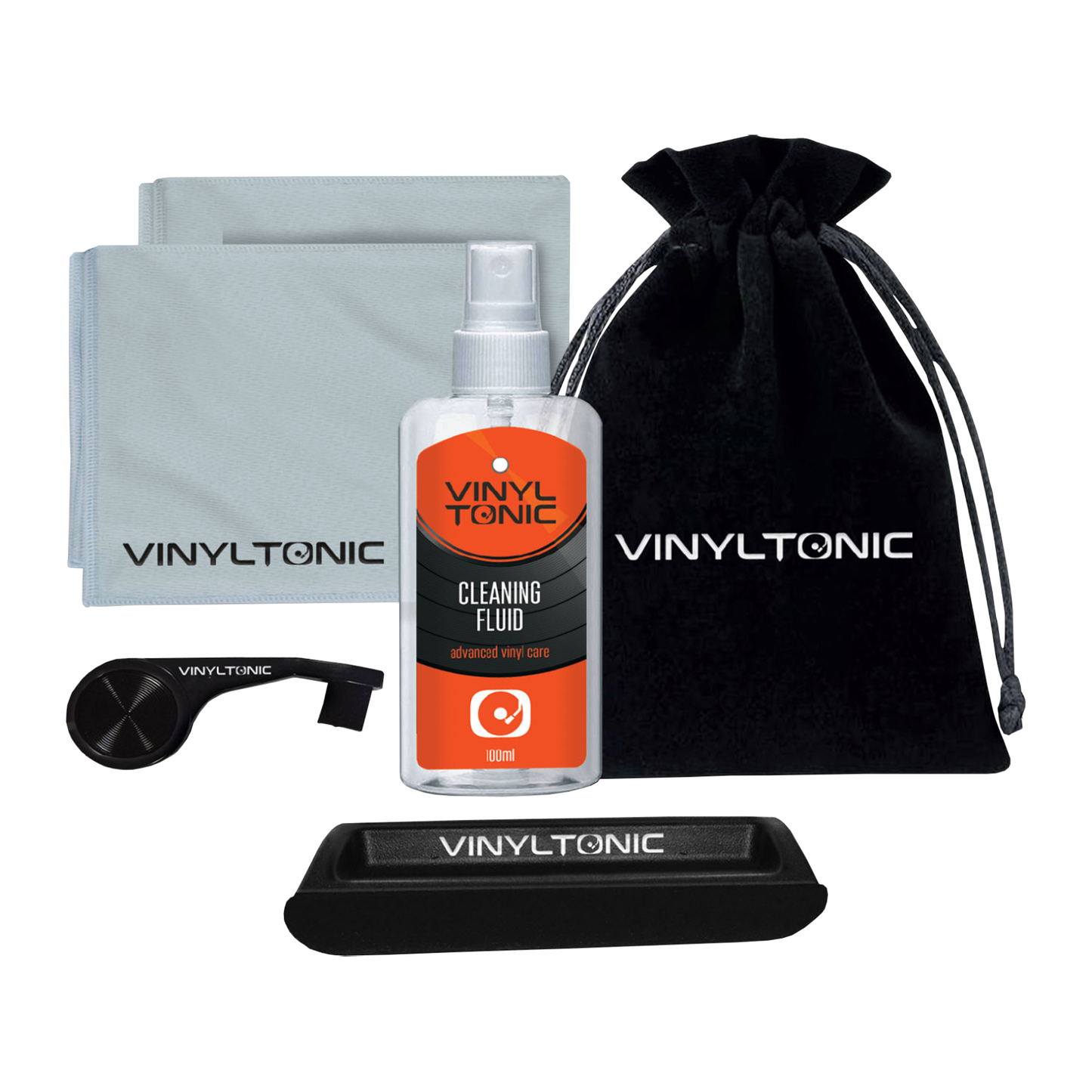 Vinyl Tonic Vinyl Record Cleaning Kit – Includes Cleaning Fluid, Velvet Brush, Microfiber Cloth, Stylus Brush & Storage Bag